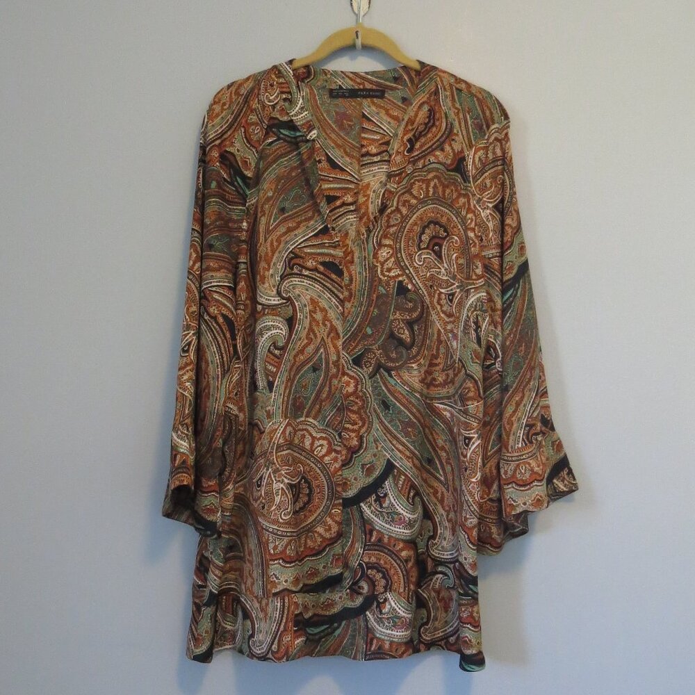 Zara Basic Brown Paisley Tunic Kaftan Top Sz L Wide Sleeves Flowy